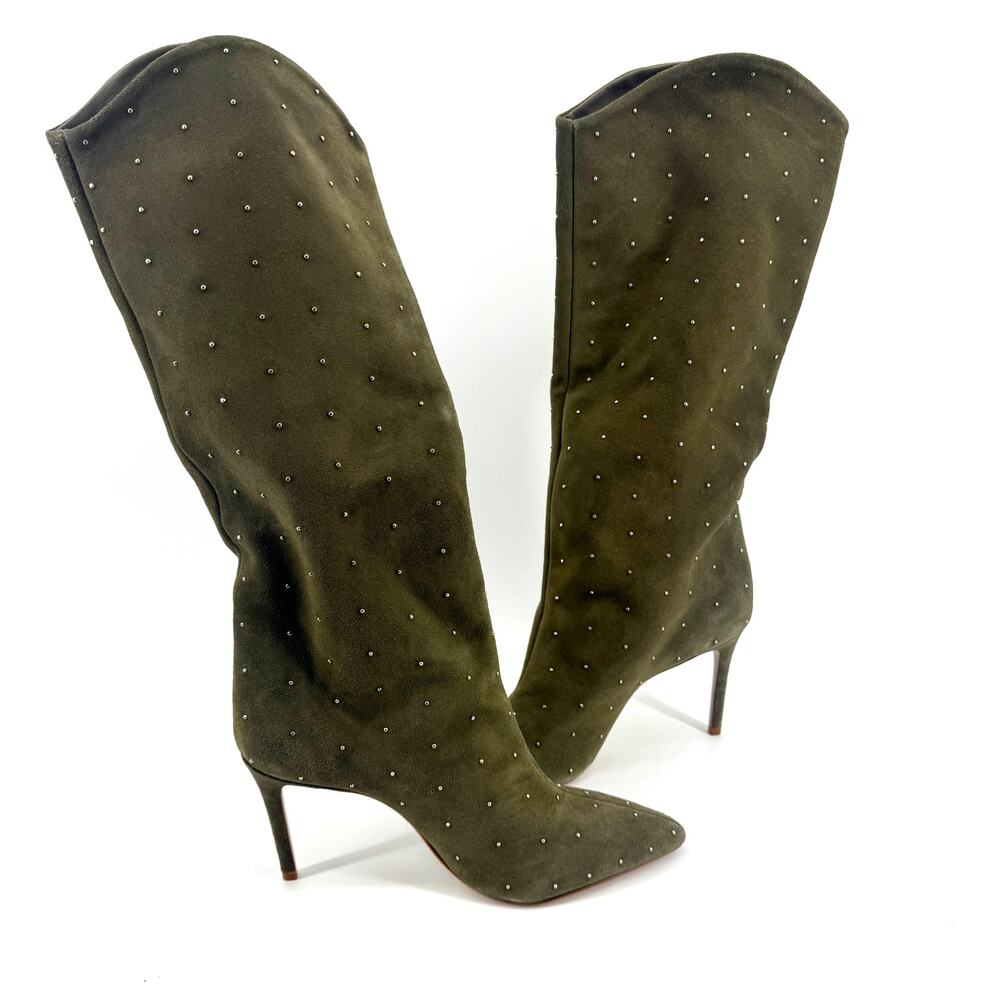 Schutz Maryana Aspen Suede Studded Heeled Boots - Womens 9 Olive Green NEW - Picture 2 of 9